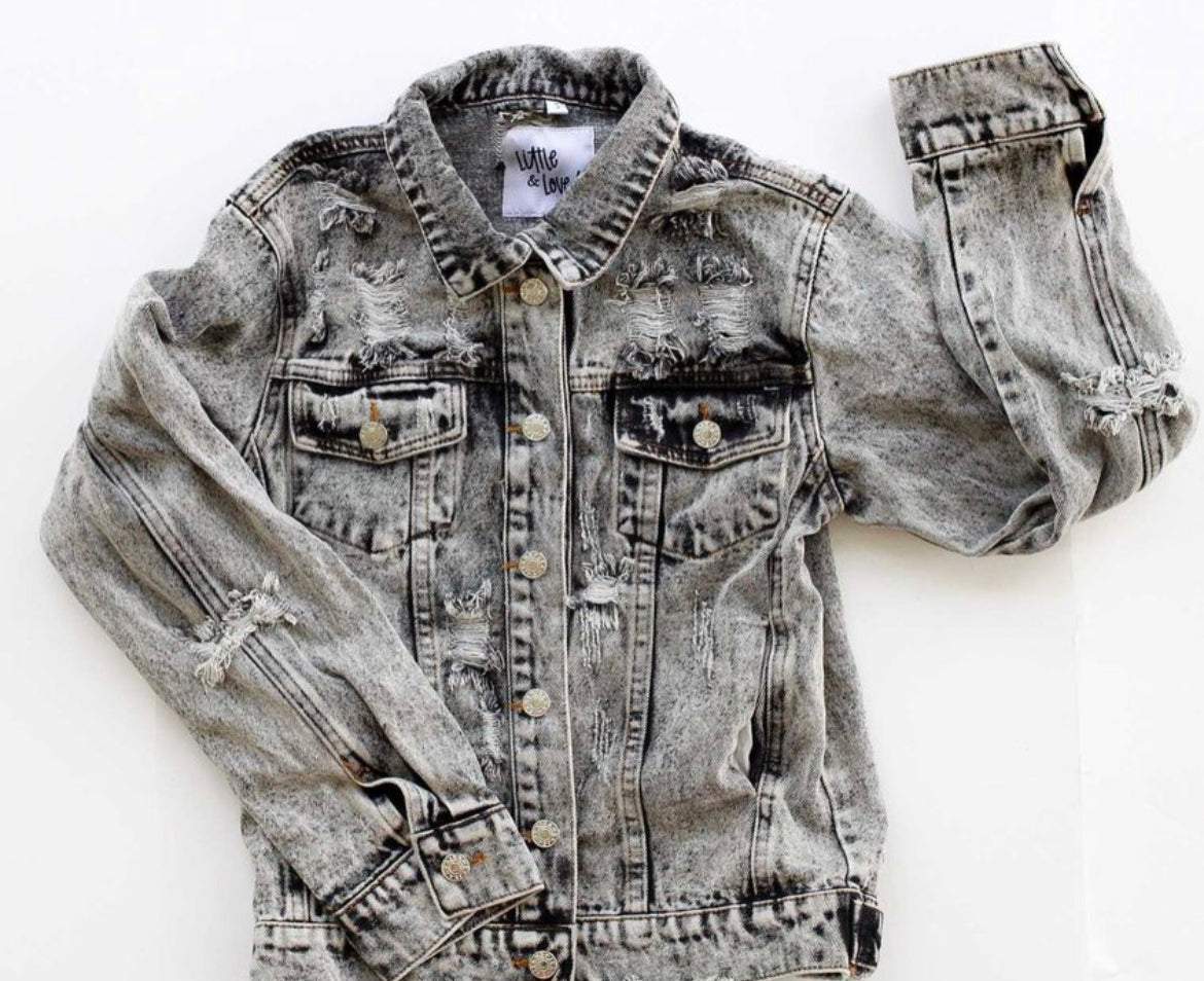 Women's black distressed denim jacket cheap