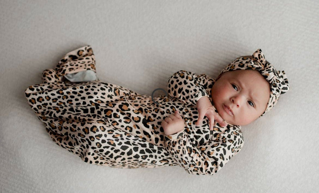 Leopard Knotted Newborn Gown and Bow