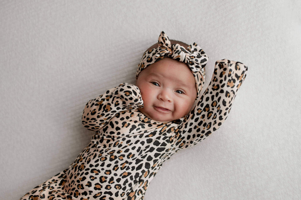 Leopard Knotted Newborn Gown and Bow