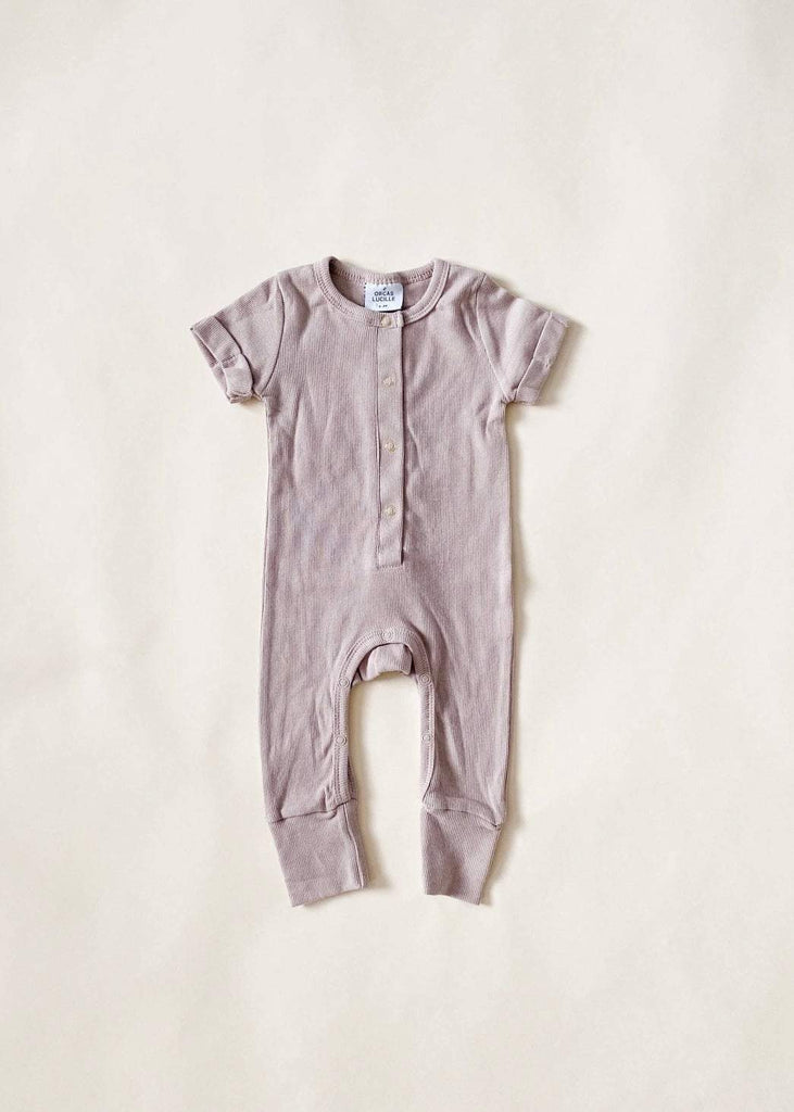 Unisex Baby and Toddler Ribbed Henley Romper in Taupe