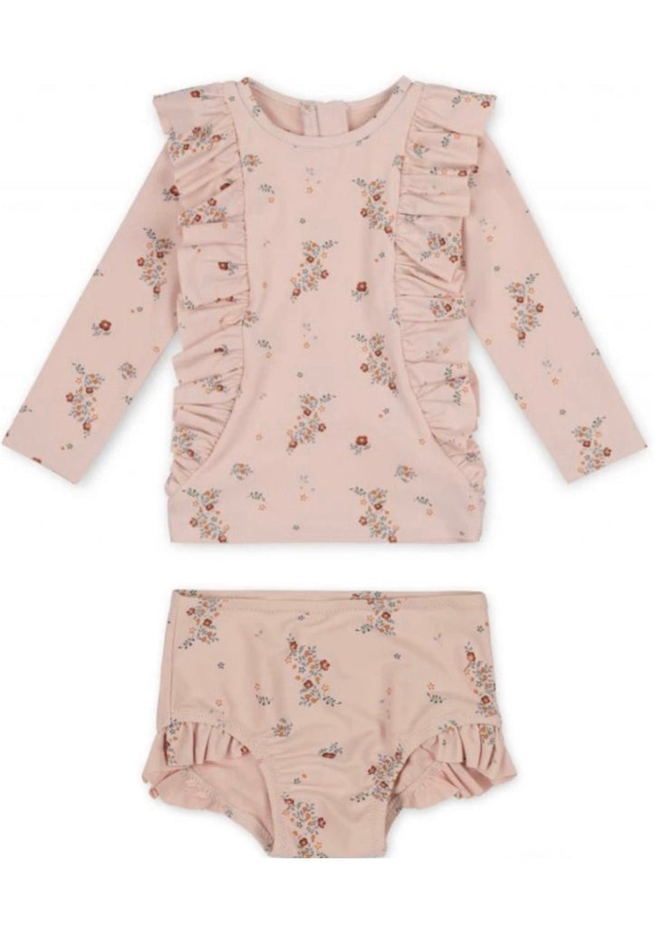 Baby girl toddler girl pink flower ruffle rashguard swimsuit set