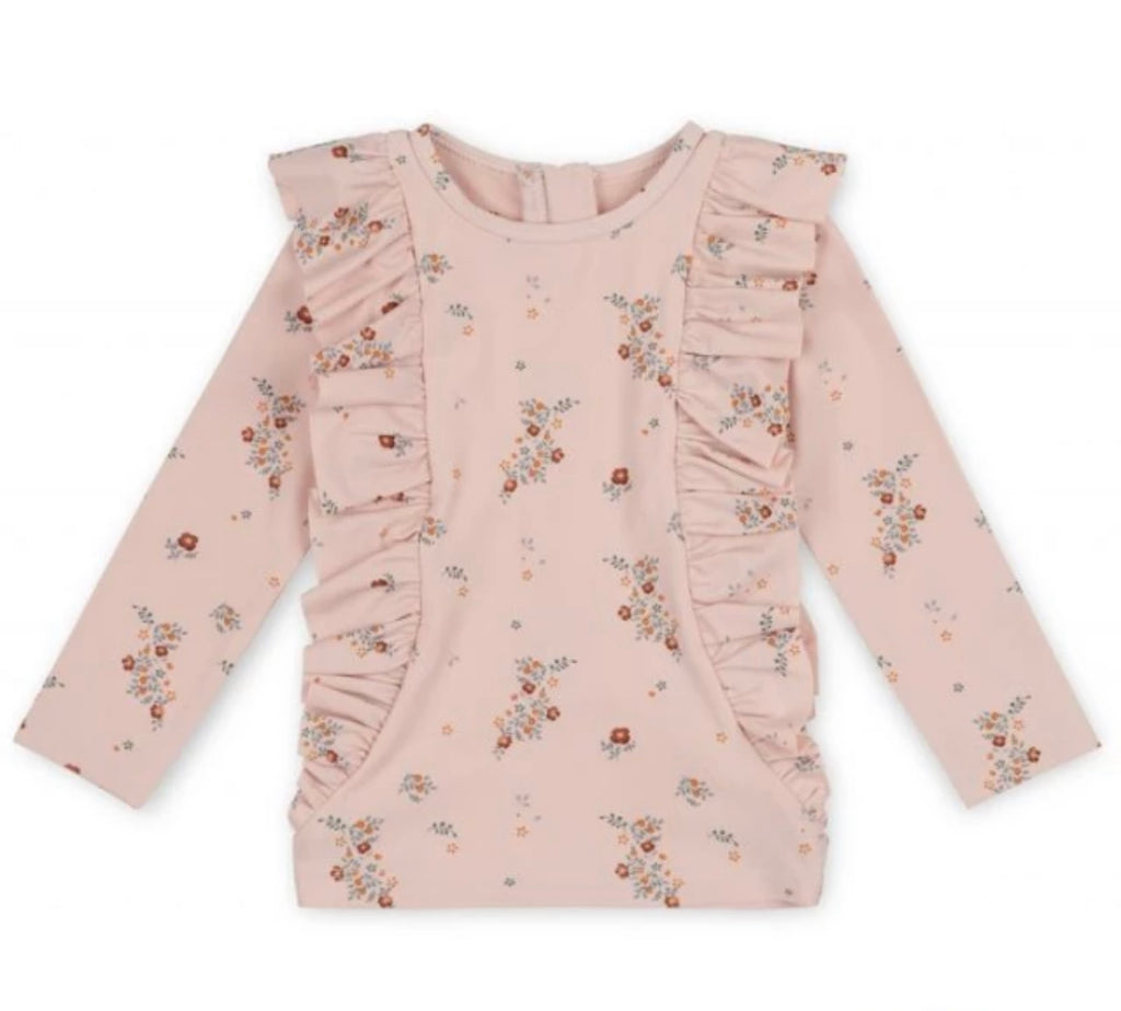 Baby girl toddler girl pink flower ruffle rashguard swimsuit set